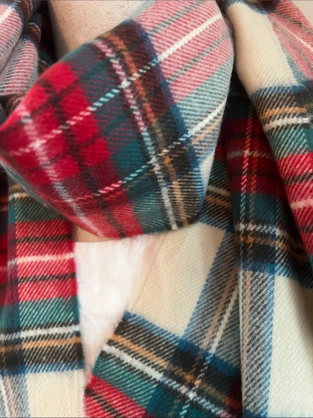 Classic Red Plaid Cream & Green Fringe Scarf Timeless Size 74” L x 12.25” W